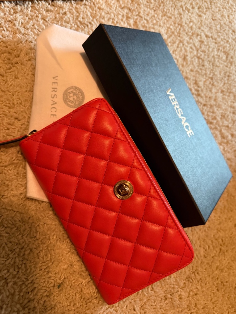 Versace Orange-Red Quilted Zip-Around Leather Wallet with Gold Accents